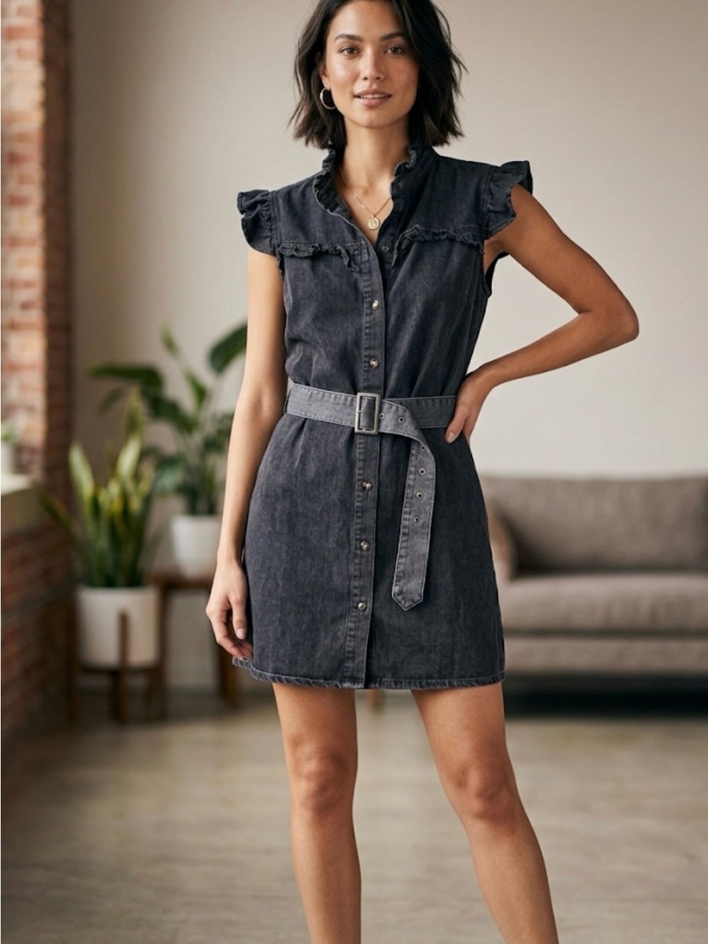Washed Black Sleeveless Denim Mini Dress with Belt|Size M